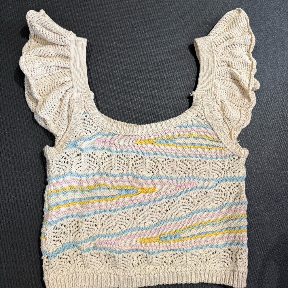 Zara Cream Ribbed Ruffled Crop Tank Top